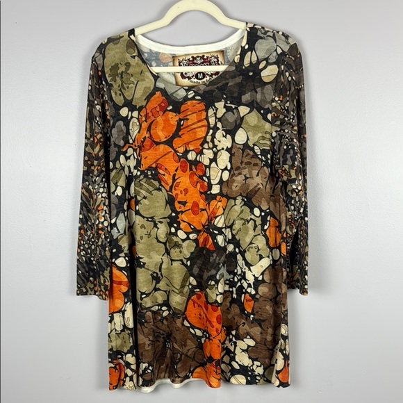 Amma Vibrant Orange and Brown Relaxed Graphic Tunic Size Medium - Picture 2 of 8
